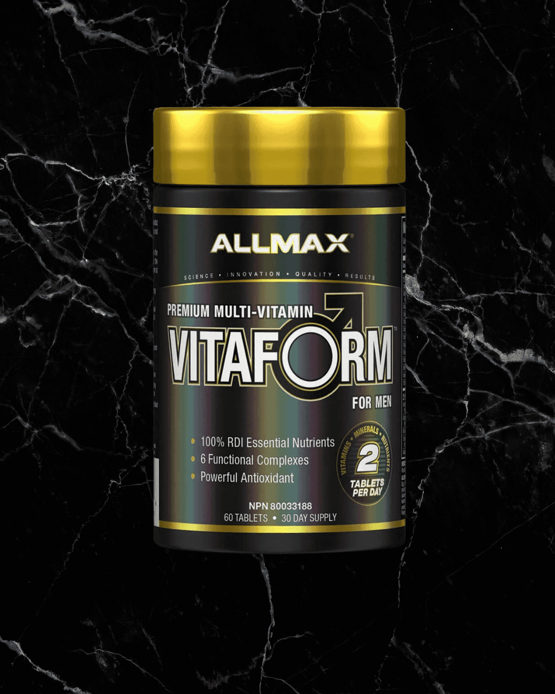ALLMAX Vitaform For Men multivitamin bottle front view with gold cap, labeled as VITAFORM Men's Multivitamin - Complete Daily Essentials for active men.