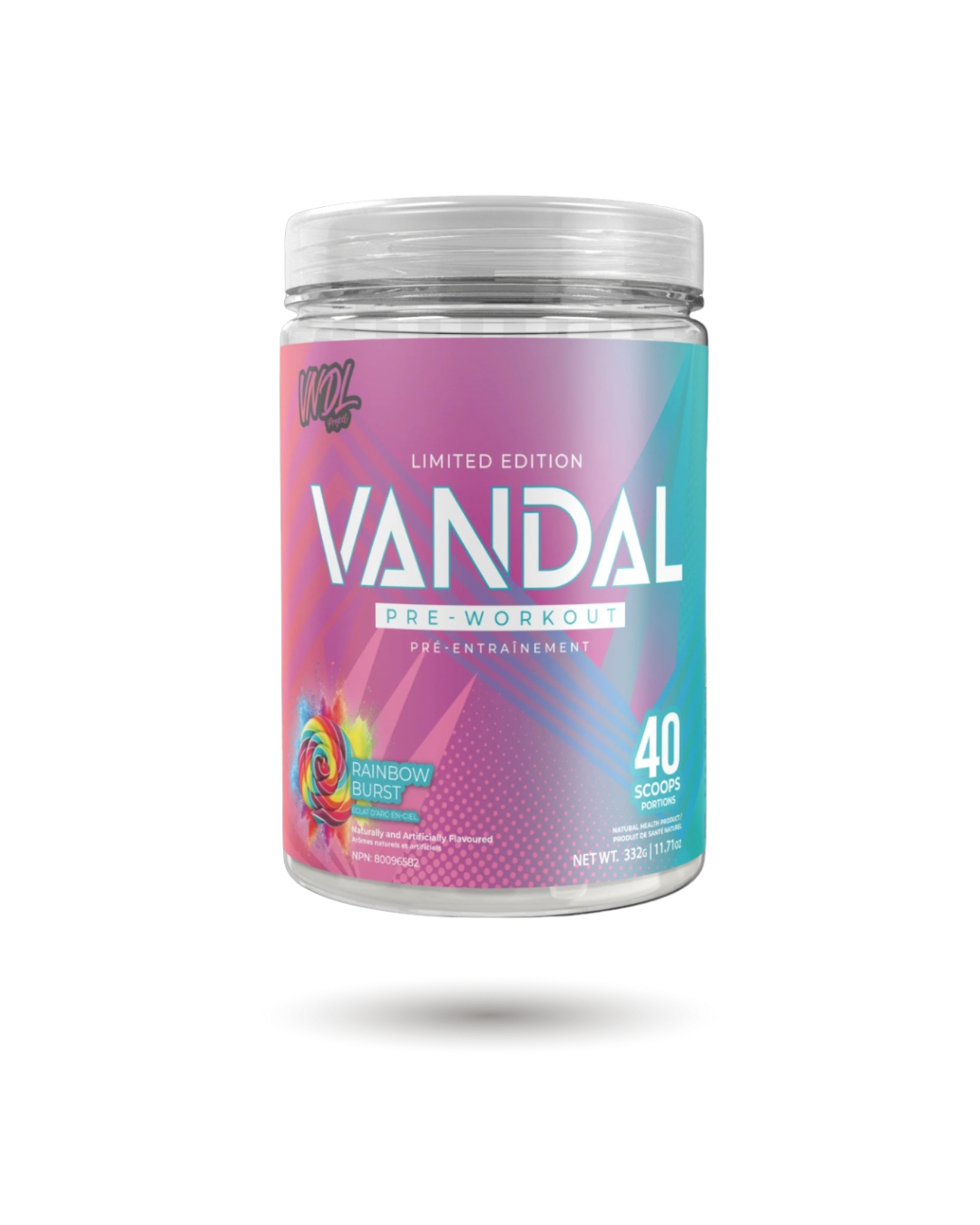 Limited Edition VNDL Project Vandal Pre-Workout Rainbow Burst flavor in colorful tub. 40 servings for enhanced endurance and mental focus.