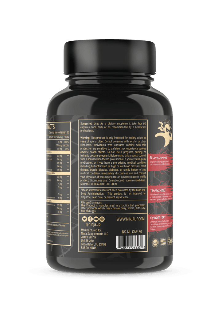 Back view of Ninja Limitless nootropic bottle with details