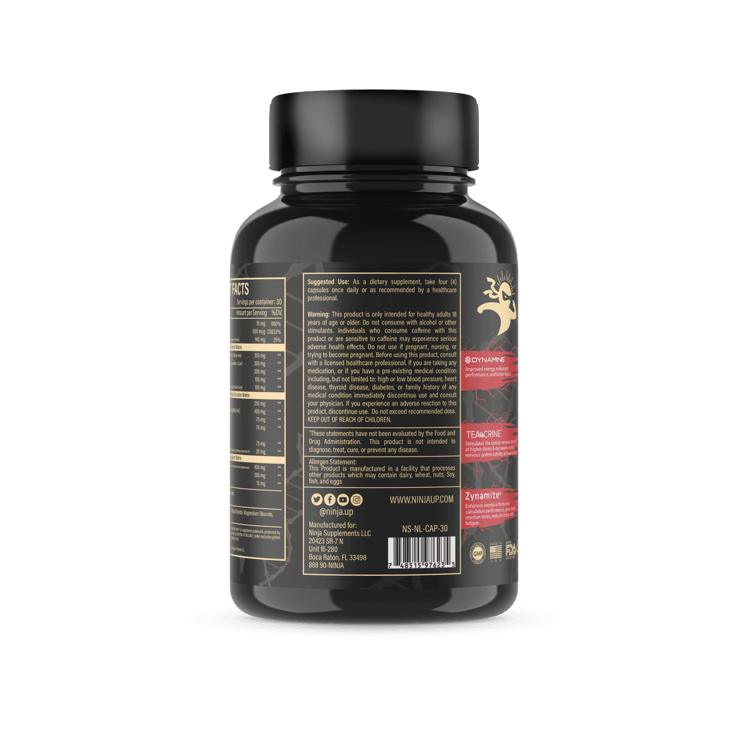 Back view of Ninja Limitless nootropic bottle with details