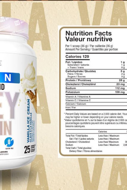 NutraPhase Vanilla Clean Whey Protein with detailed nutrition facts, 25 servings of gluten-free, no sugar added New Zealand whey protein isolate.