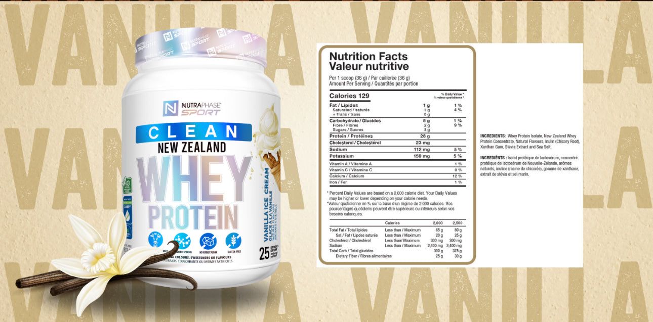 NutraPhase Vanilla Clean Whey Protein with detailed nutrition facts, 25 servings of gluten-free, no sugar added New Zealand whey protein isolate.