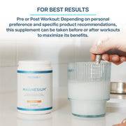 Revive Magnesium+ Orange flavor being mixed in a glass, recommended for pre or post workout use to enhance energy and recovery benefits.