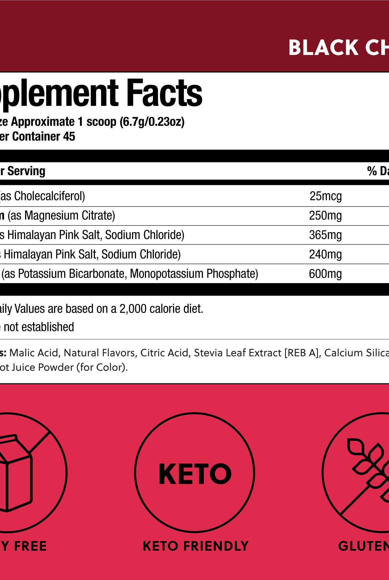 Supplement facts for Perfect Keto Electrolytes Black Cherry, featuring magnesium, potassium, and chloride, keto, gluten-free, and dairy-free.