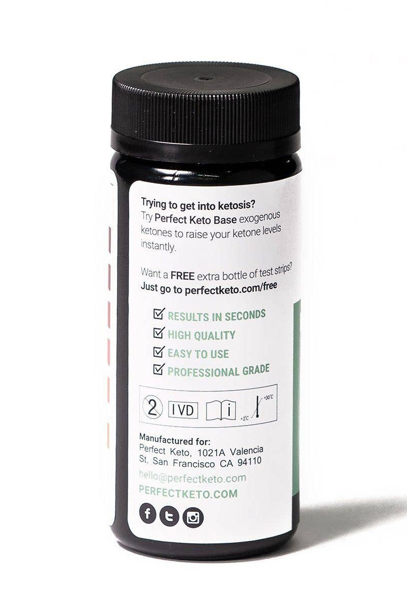 Back label of Perfect Keto Ketone Test Strips bottle showing usage tips and manufacturer info. Designed for quick, accurate keto testing.