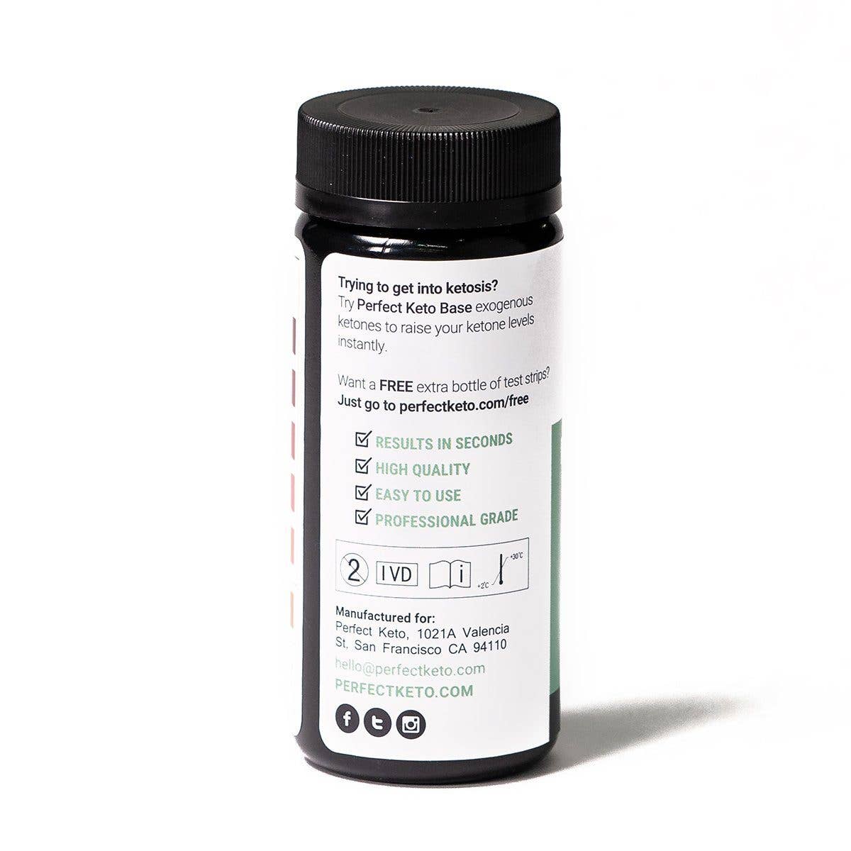 Back label of Perfect Keto Ketone Test Strips bottle showing usage tips and manufacturer info. Designed for quick, accurate keto testing.