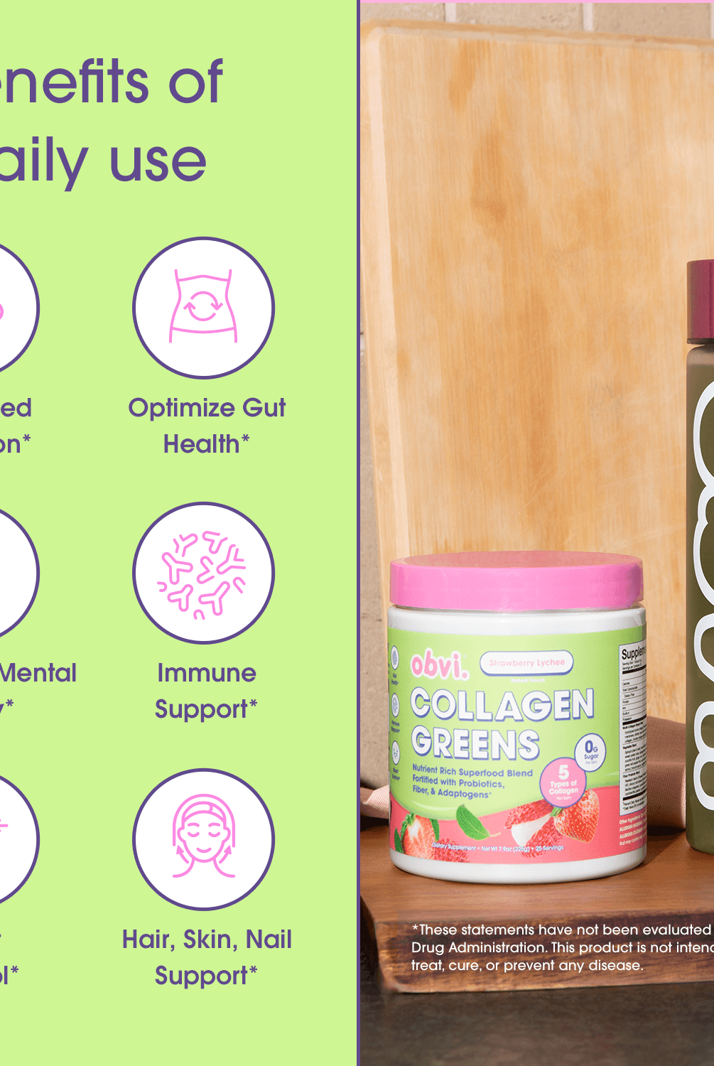 Daily benefits of Obvi Collagen Greens - Strawberry Lychee include digestion, gut health, mental clarity, immune support, and skin, hair, nail health.