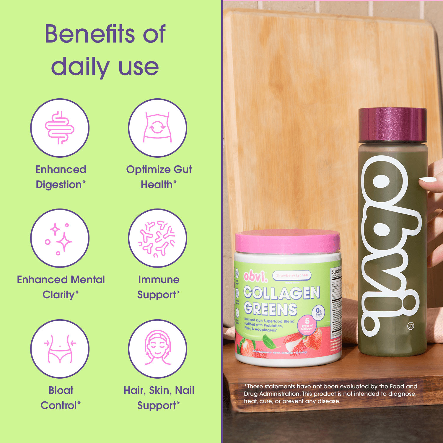 Daily benefits of Obvi Collagen Greens - Strawberry Lychee include digestion, gut health, mental clarity, immune support, and skin, hair, nail health.