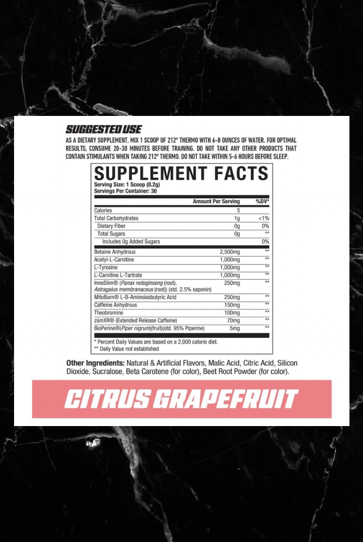 Supplement facts label for AXE & SLEDGE 212º Thermo Citrus Grapefruit flavor. Shows ingredient breakdown for metabolism and energy support.