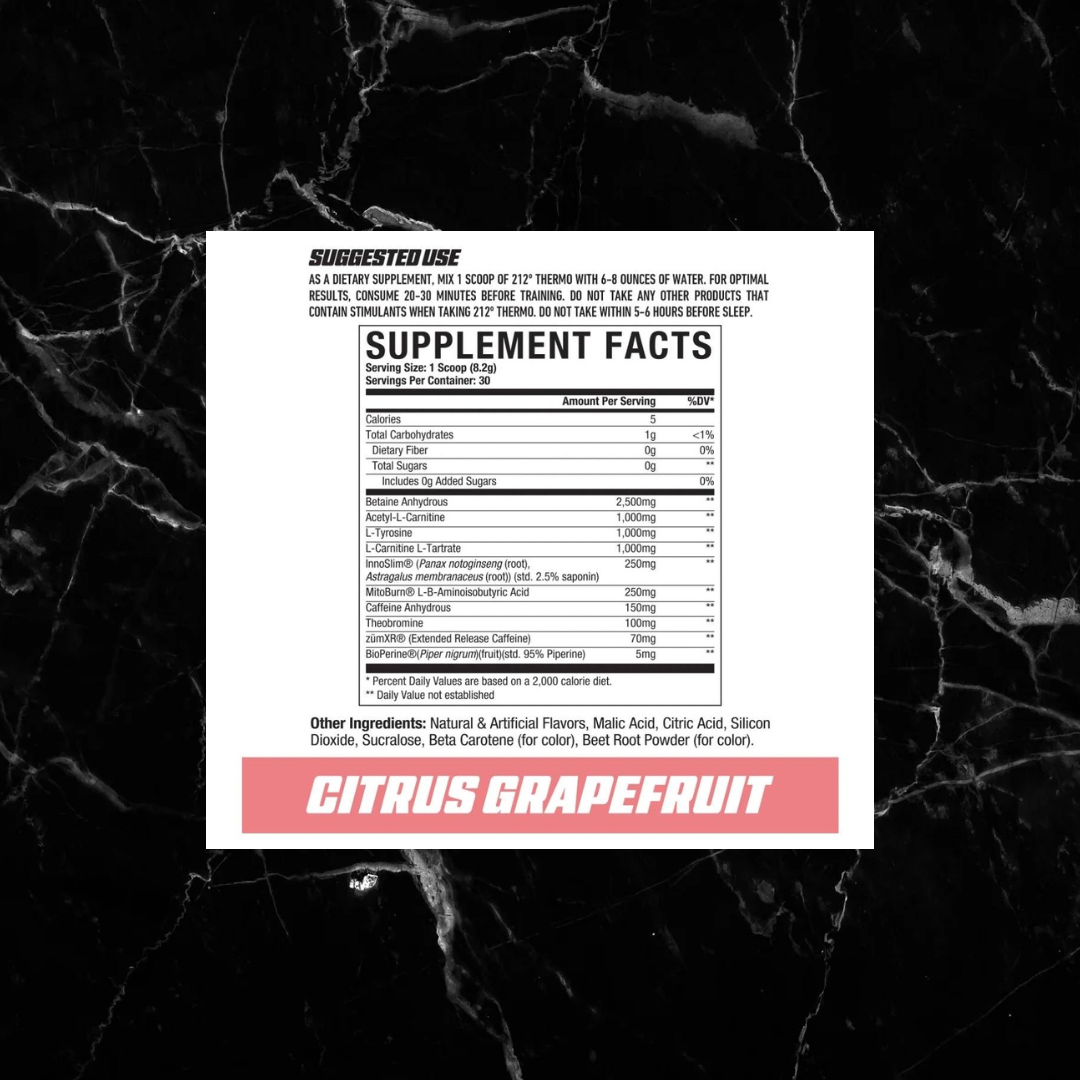 Supplement facts label for AXE & SLEDGE 212º Thermo Citrus Grapefruit flavor. Shows ingredient breakdown for metabolism and energy support.