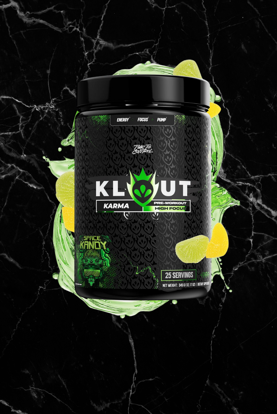 KLOUT KARMA Pre-Workout - Space Kandy flavor with medium-stim formula for focus, energy, and pump. Featured in a bold black and green design.
