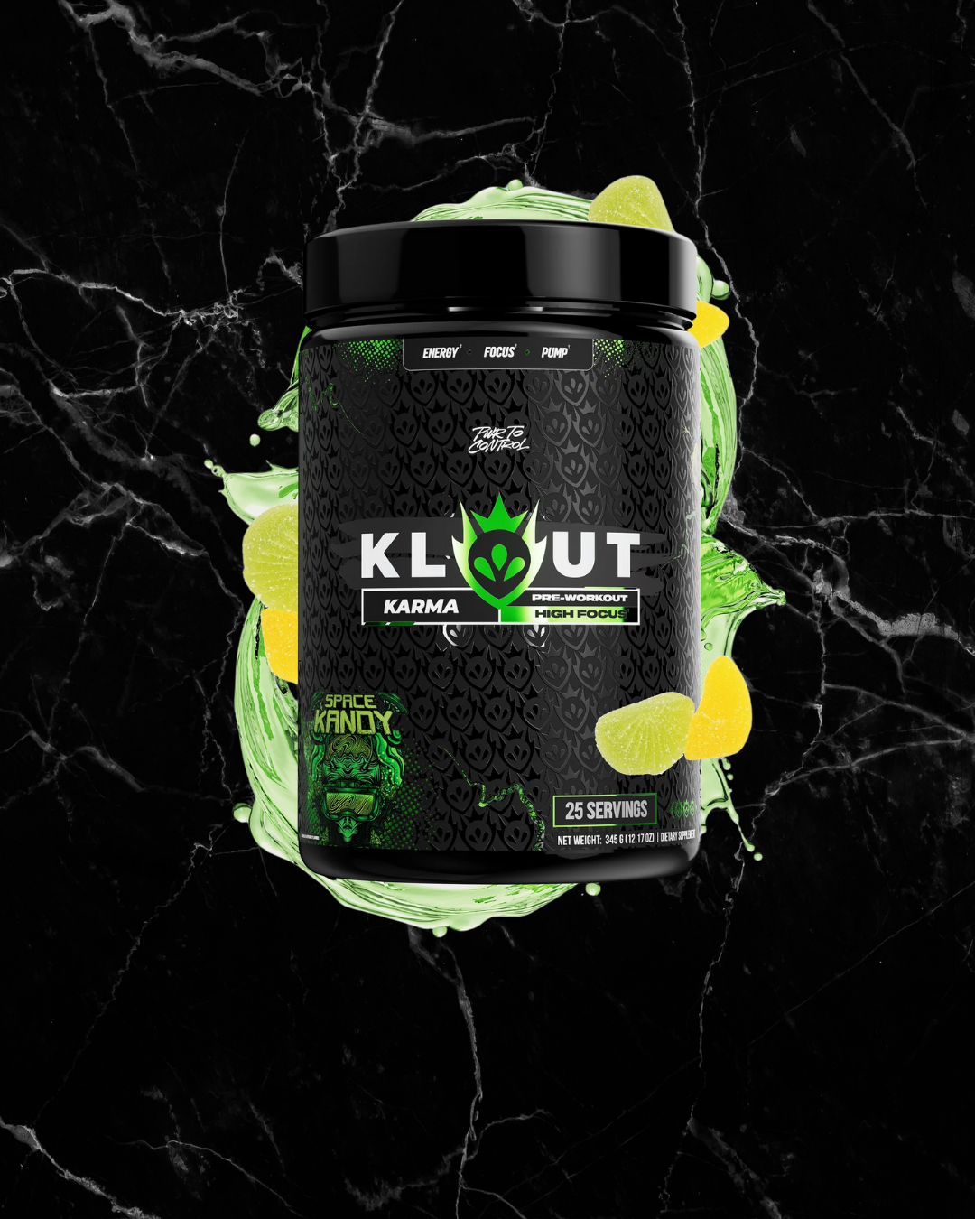 KLOUT KARMA Pre-Workout - Space Kandy flavor with medium-stim formula for focus, energy, and pump. Featured in a bold black and green design.