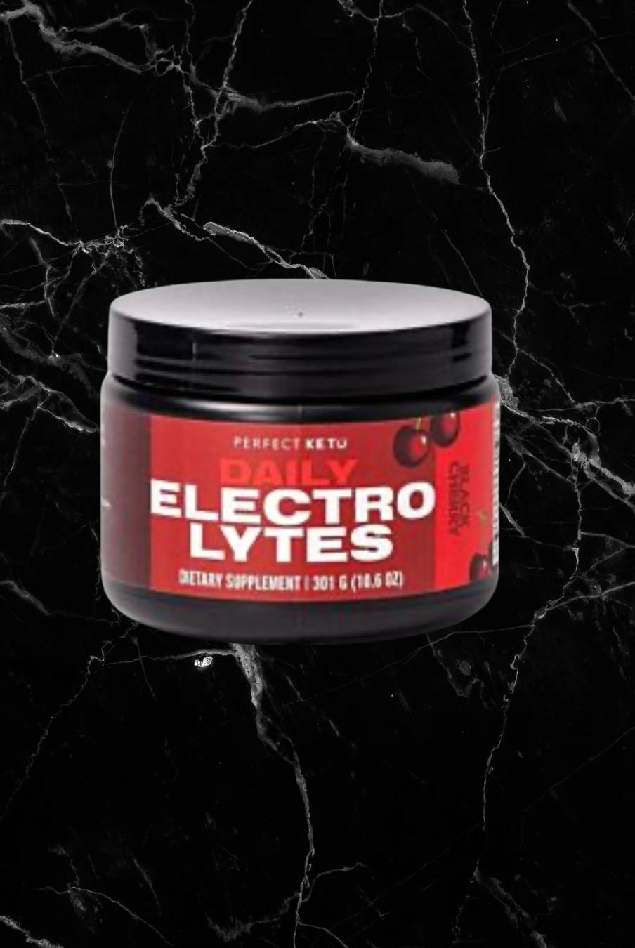 Perfect Keto Electrolytes Black Cherry flavor jar with bold red label, ideal for keto hydration and nutrient support. Contains 45 servings.