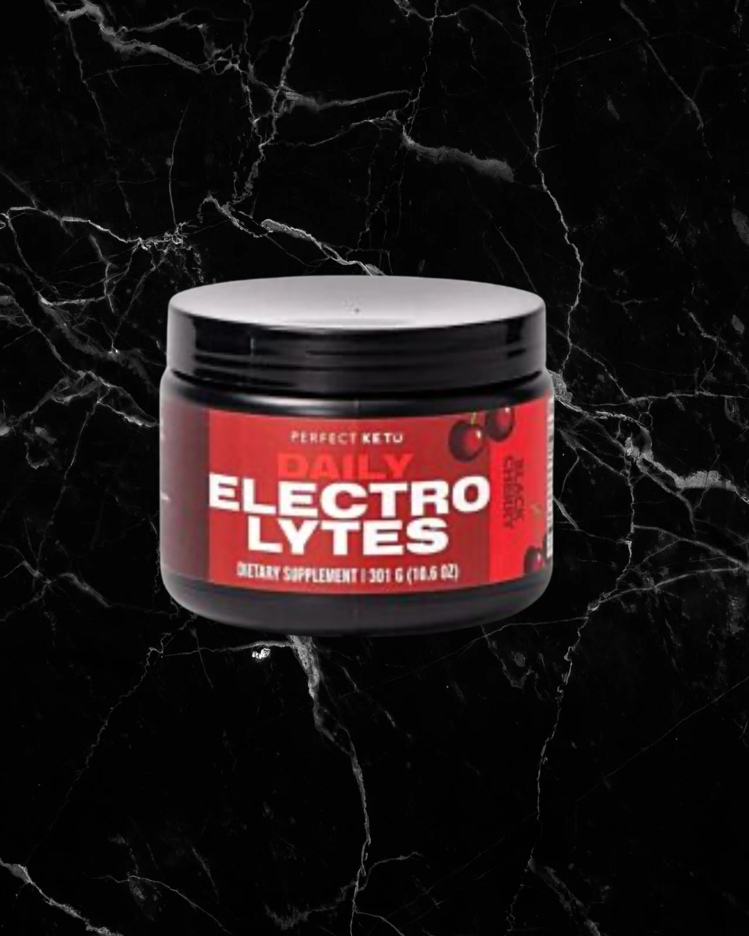 Perfect Keto Electrolytes Black Cherry flavor jar with bold red label, ideal for keto hydration and nutrient support. Contains 45 servings.