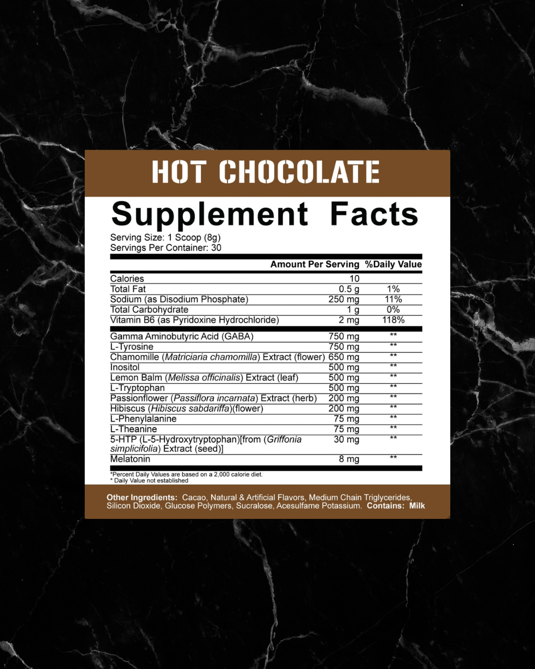 Supplement facts for Hot Chocolate flavor of 5% Knocked The F*ck Out Sleep Aid, listing GABA, melatonin, and herbal extracts for sleep support.