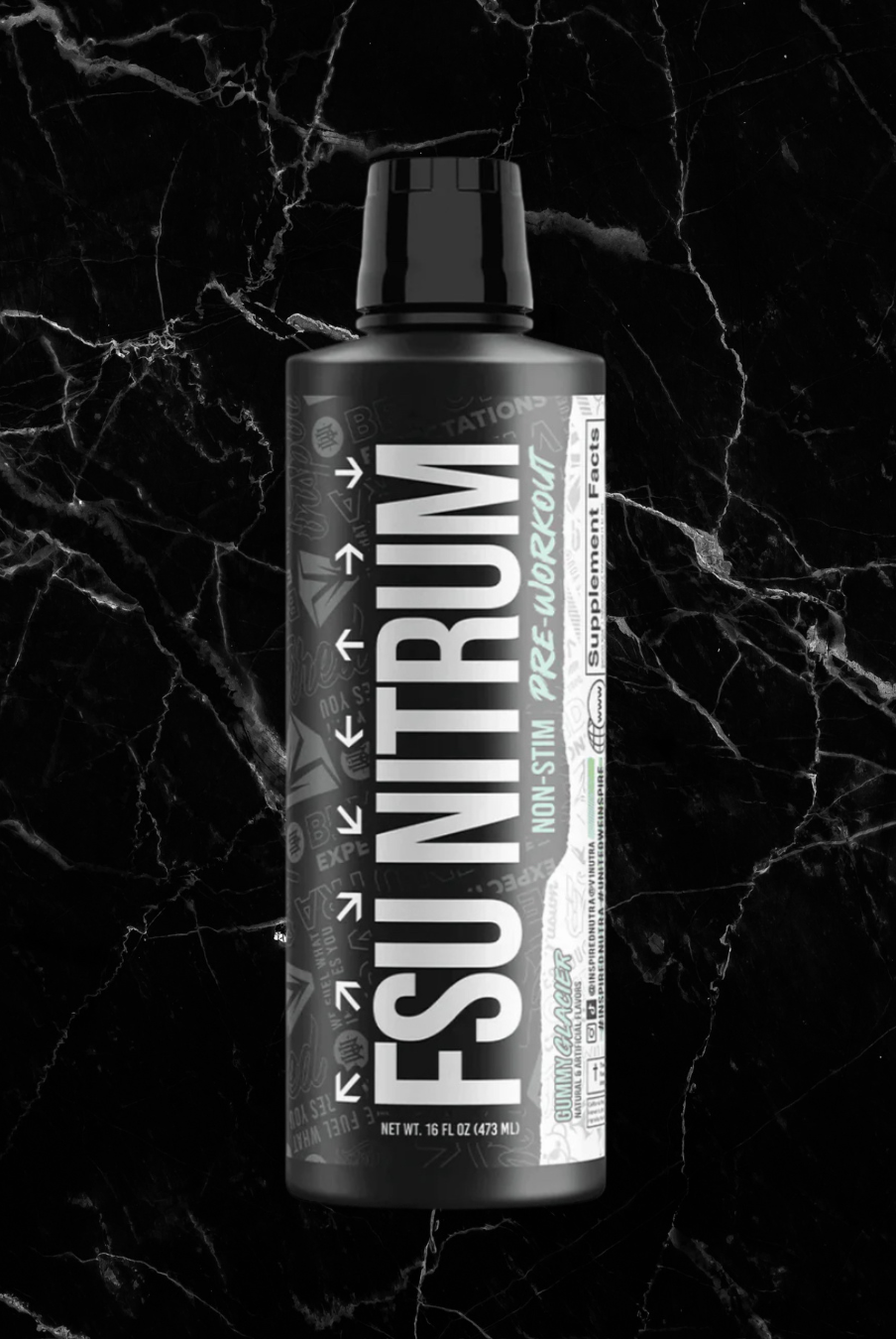 FSU NITRUM Liquid Pump - Gummy Glacier flavor in a sleek black bottle, designed to enhance workout performance with a non-stim pre-workout formula.