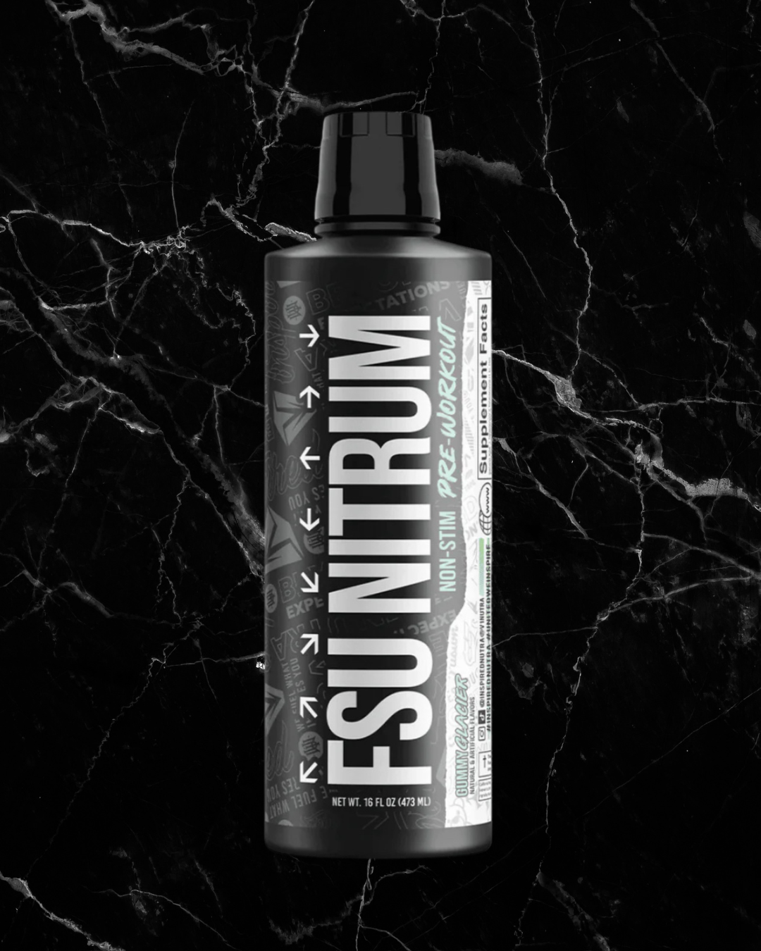FSU NITRUM Liquid Pump - Gummy Glacier flavor in a sleek black bottle, designed to enhance workout performance with a non-stim pre-workout formula.