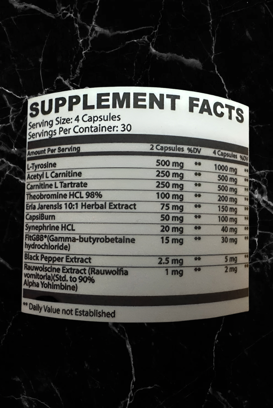 Supplement facts label of OZZEMPIK Anatomy Labs metabolism booster showing ingredients like L-Tyrosine, Acetyl L-Carnitine, and herbal extracts.