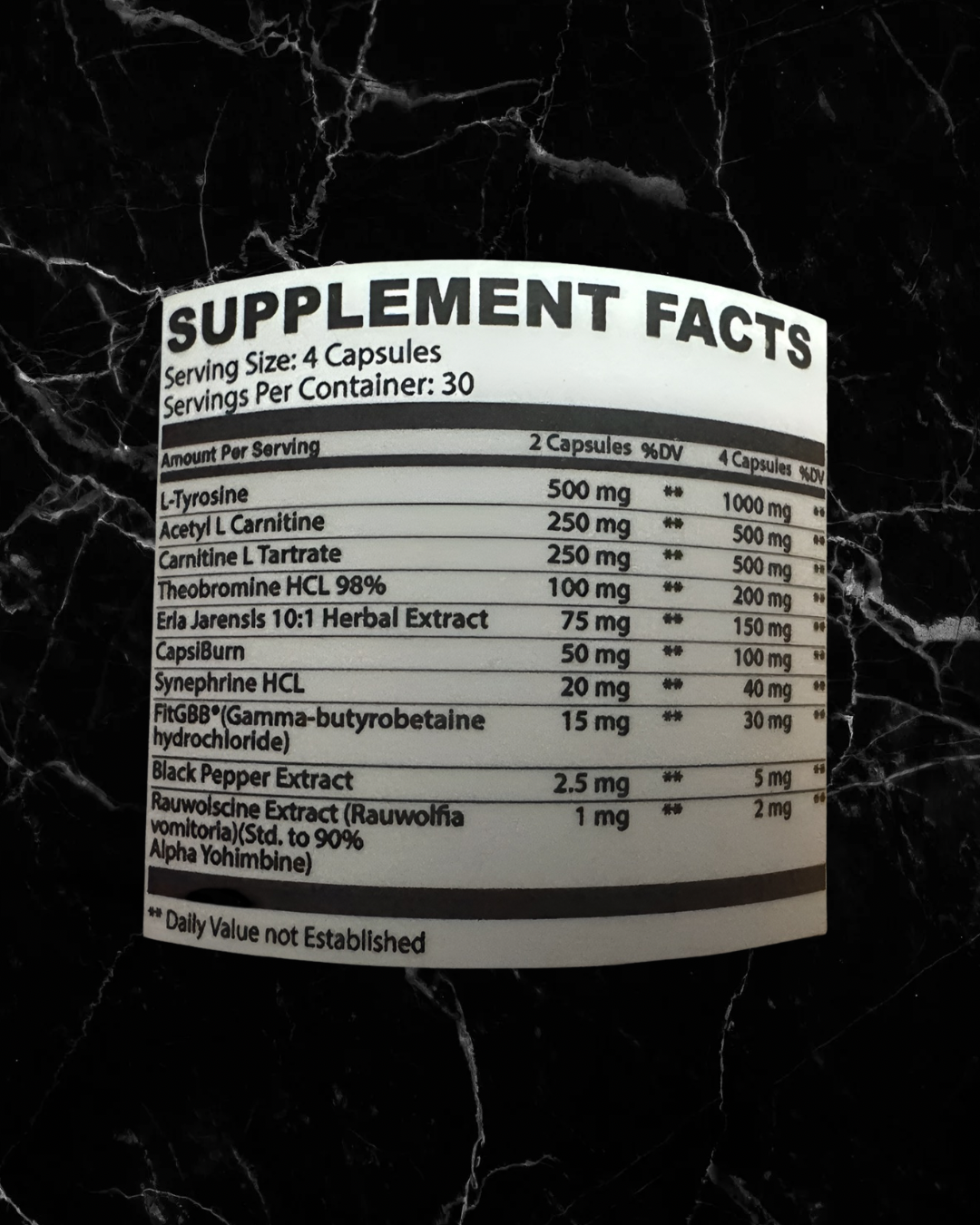 Supplement facts label of OZZEMPIK Anatomy Labs metabolism booster showing ingredients like L-Tyrosine, Acetyl L-Carnitine, and herbal extracts.
