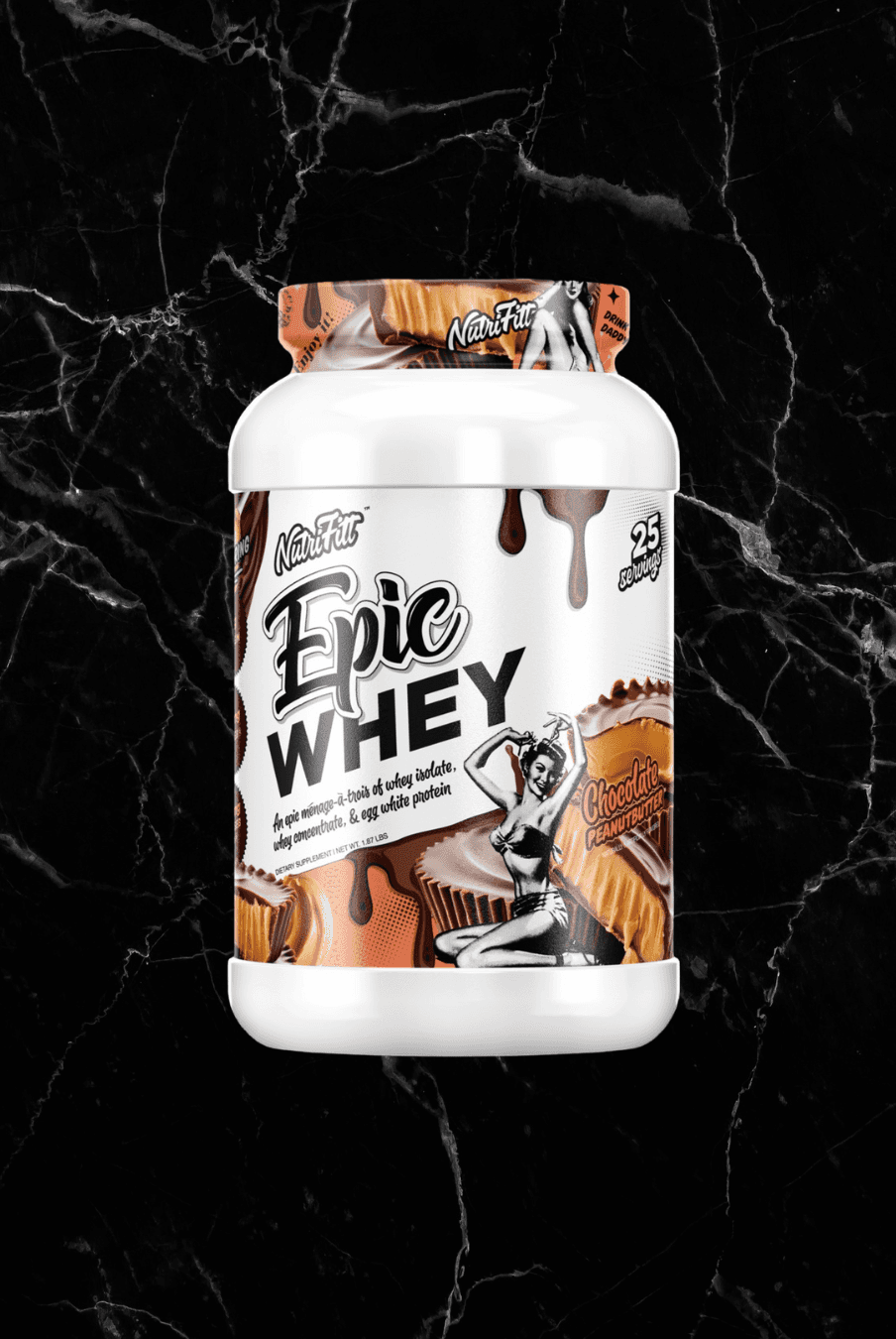 Nutrifitt Epic Whey Protein Chocolate Peanut Butter flavor tub with retro-style artwork, available now at BulkBully Supplements. High-protein isolate blend for fitness nutrition.