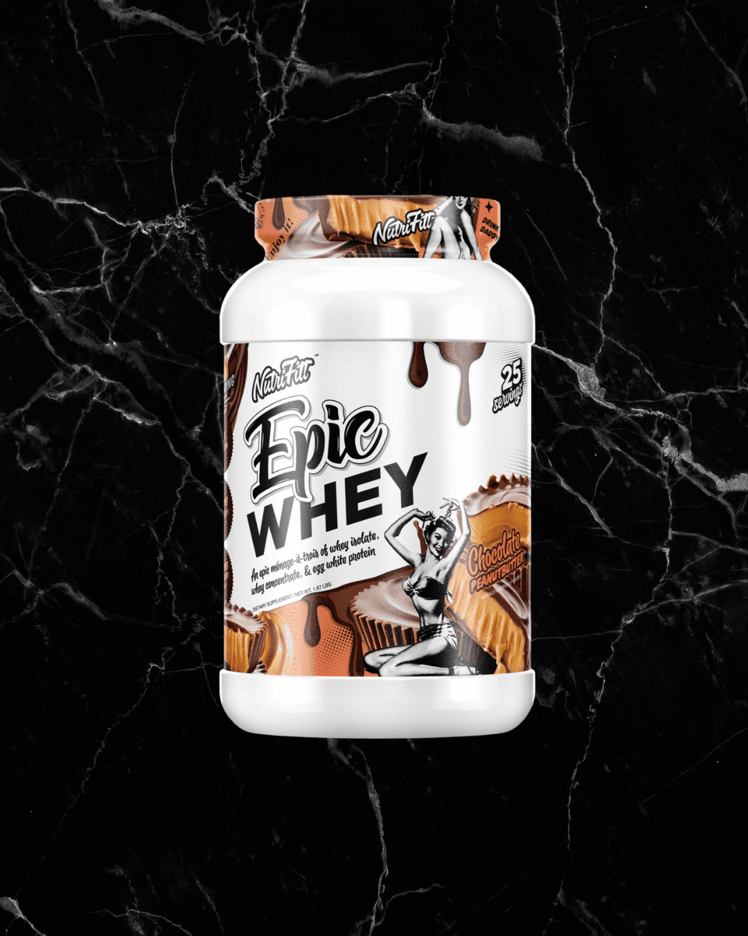 Nutrifitt Epic Whey Protein Chocolate Peanut Butter flavor tub with retro-style artwork, available now at BulkBully Supplements. High-protein isolate blend for fitness nutrition.