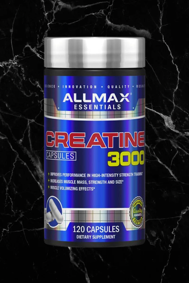 ALLMAX Creatine 3000 capsules bottle front view on black marble background. Online creatine capsules to boost performance and muscle strength.