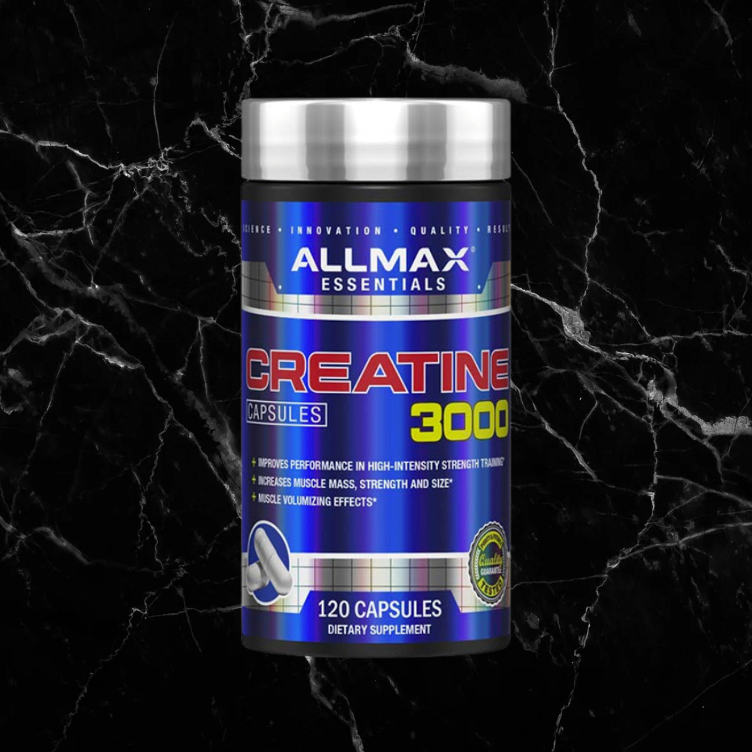 ALLMAX Creatine 3000 capsules bottle front view on black marble background. Online creatine capsules to boost performance and muscle strength.