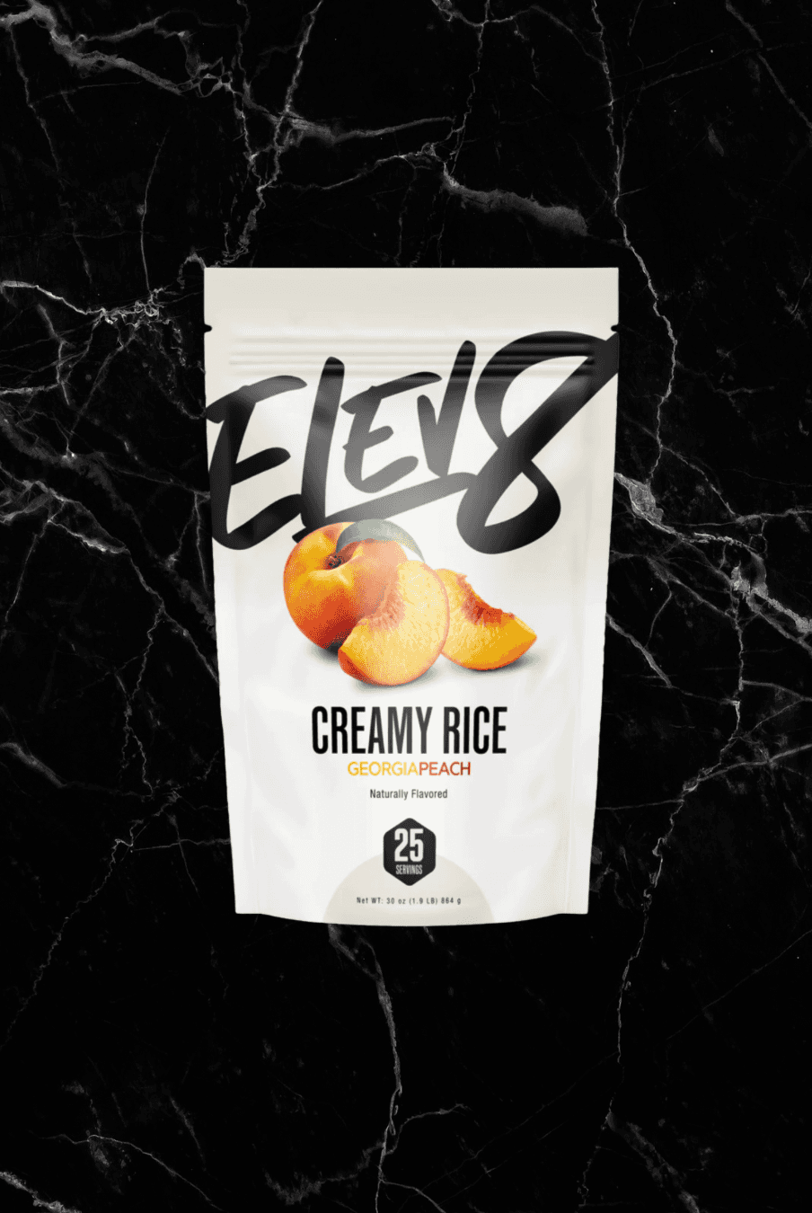 ELEV8 Creamy Rice Georgia Peach flavor, a gluten-free, high-carb energy snack designed to boost performance and recovery.