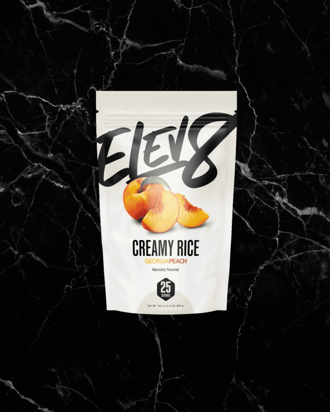 ELEV8 Creamy Rice Georgia Peach flavor, a gluten-free, high-carb energy snack designed to boost performance and recovery.