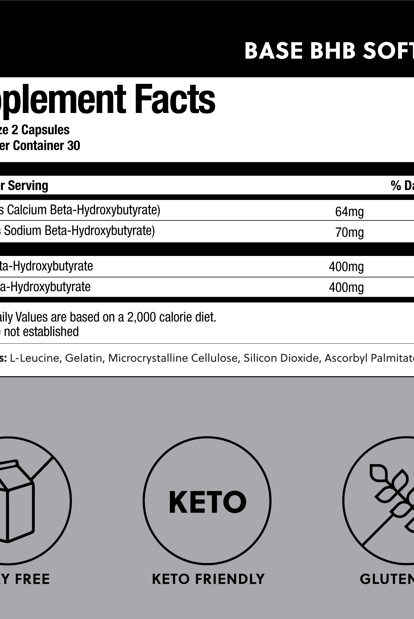 Supplement facts label for Perfect Keto Base BHB Softgels. Keto-friendly, dairy-free, and gluten-free exogenous ketones formula.