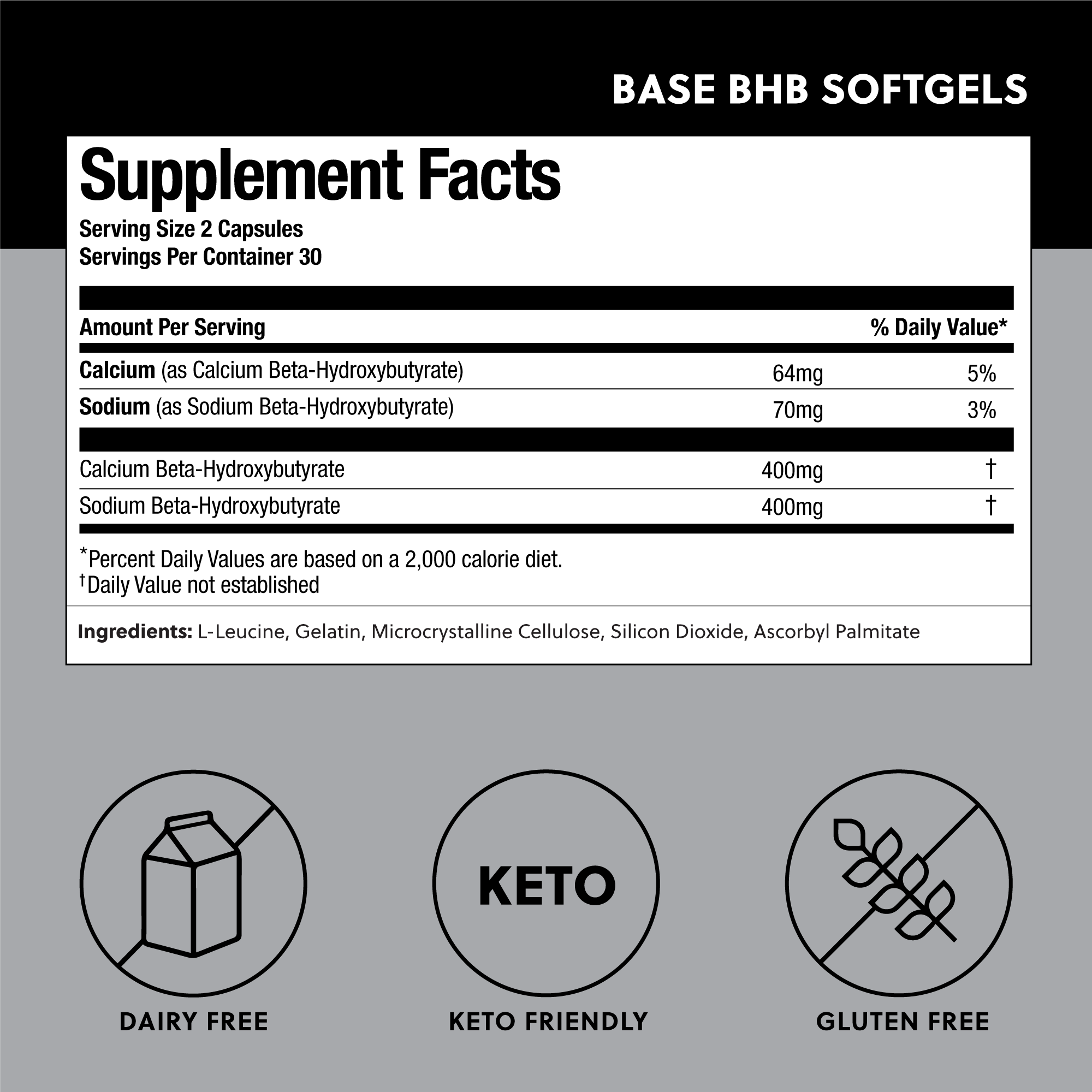 Supplement facts label for Perfect Keto Base BHB Softgels. Keto-friendly, dairy-free, and gluten-free exogenous ketones formula.