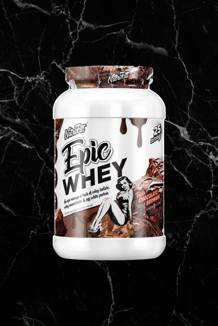 Nutrifitt Epic Whey Protein Triple Chocolate Brownie flavor tub with bold retro graphics, available at BulkBully Supplements. Delicious isolate protein for workout support.
