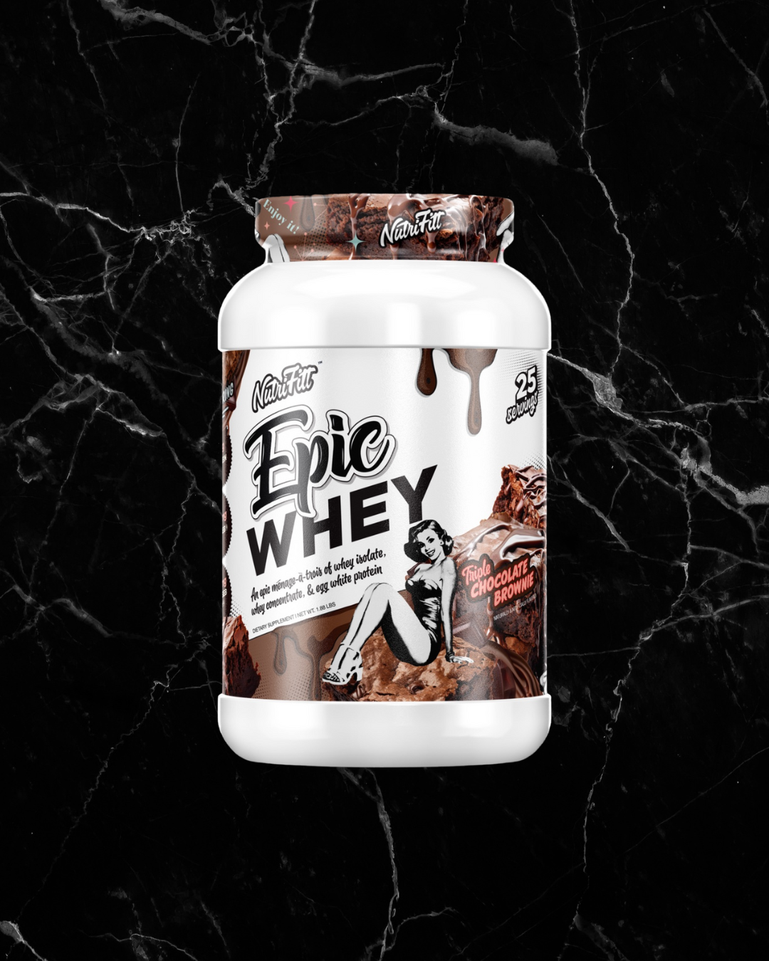 Nutrifitt Epic Whey Protein Triple Chocolate Brownie flavor tub with bold retro graphics, available at BulkBully Supplements. Delicious isolate protein for workout support.