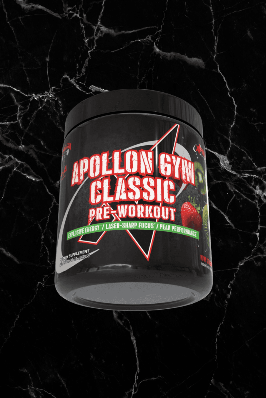 Apollon Gym Classic Pre Workout in strawberry flavor, featuring bold red label design for explosive energy and peak performance supplements.