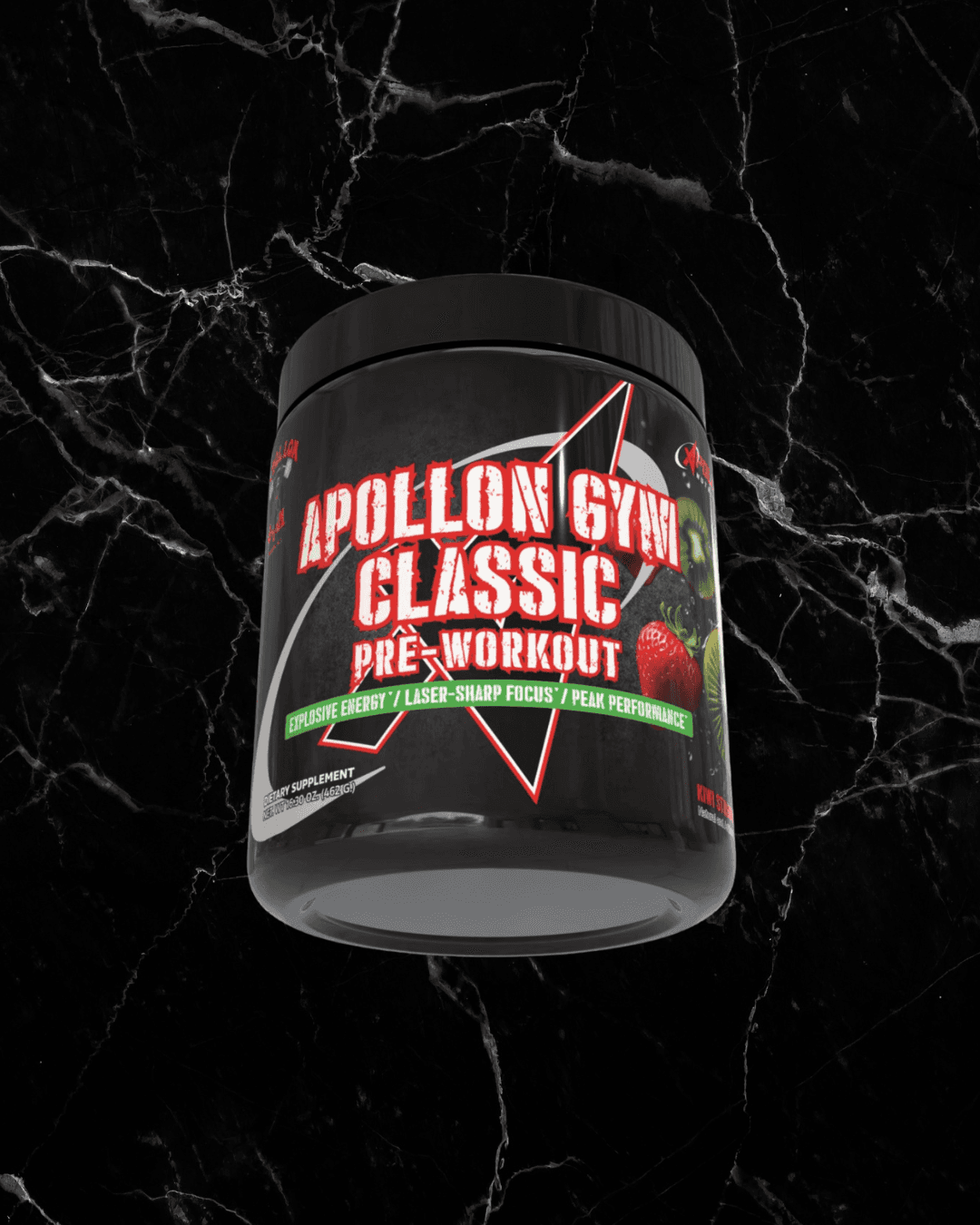 Apollon Gym Classic Pre Workout in strawberry flavor, featuring bold red label design for explosive energy and peak performance supplements.
