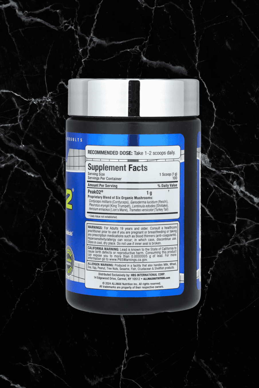 Side view of ALLMAX PeakO2 supplement with supplement facts and usage instructions. Contains PeakO2 blend of six organic mushrooms.