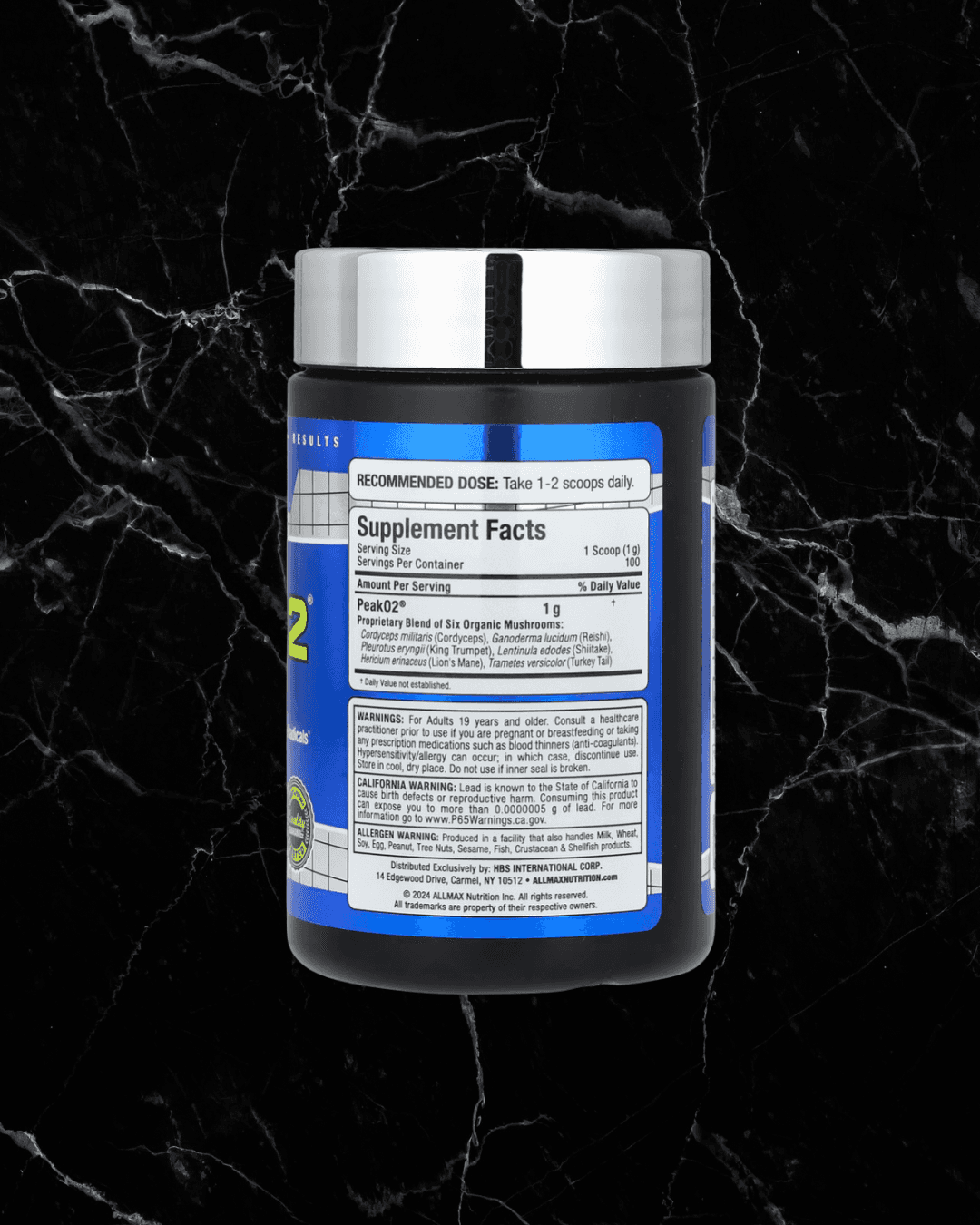 Side view of ALLMAX PeakO2 supplement with supplement facts and usage instructions. Contains PeakO2 blend of six organic mushrooms.