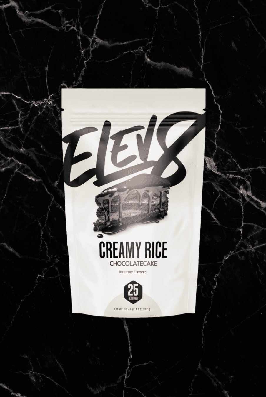 ELEV8 Creamy Rice Chocolate Cake flavor energy snack with 25 servings, ideal for post-workout recovery and performance boost.