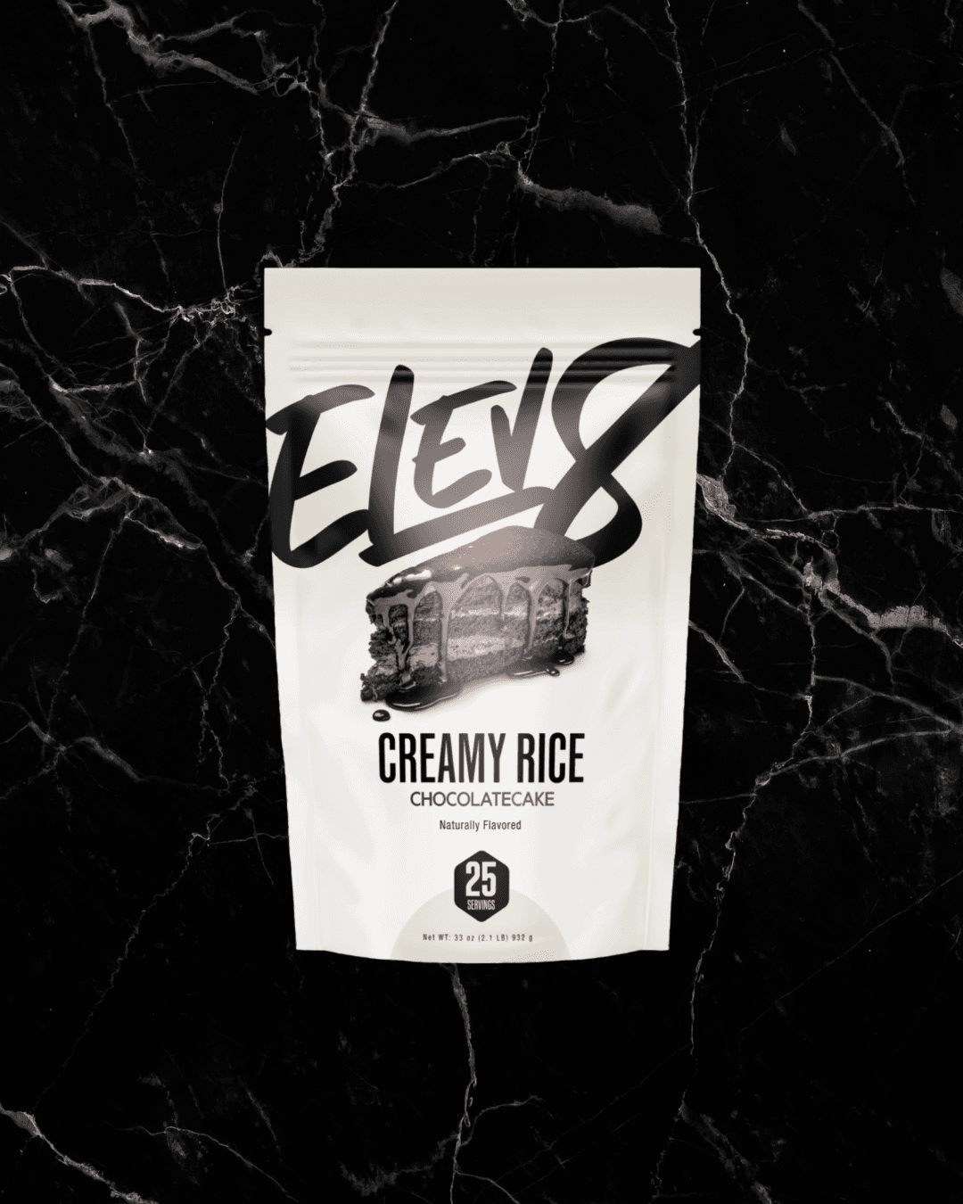 ELEV8 Creamy Rice Chocolate Cake flavor energy snack with 25 servings, ideal for post-workout recovery and performance boost.