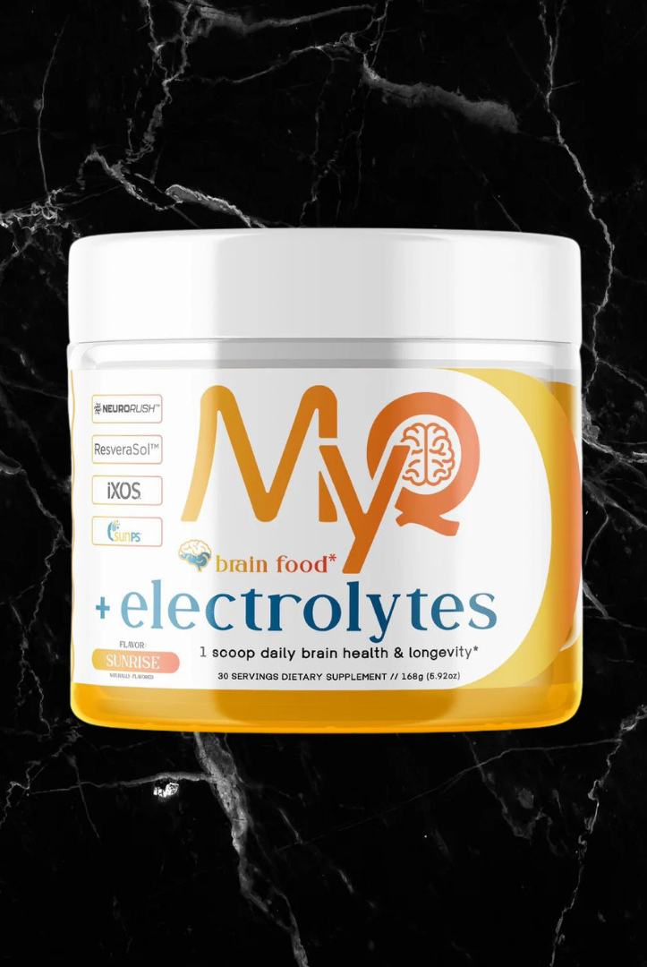 MYQ Brain Food Electrolytes supplement with orange juice flavor, designed to support hydration, brain function, and gut health.