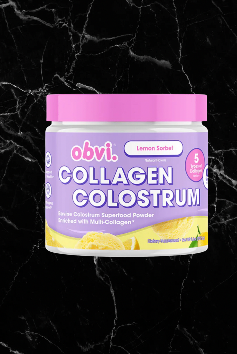 Obvi Colostrum - Lemon Sorbet supplement jar with pink lid, featuring collagen and colostrum blend for immunity and skin health support.