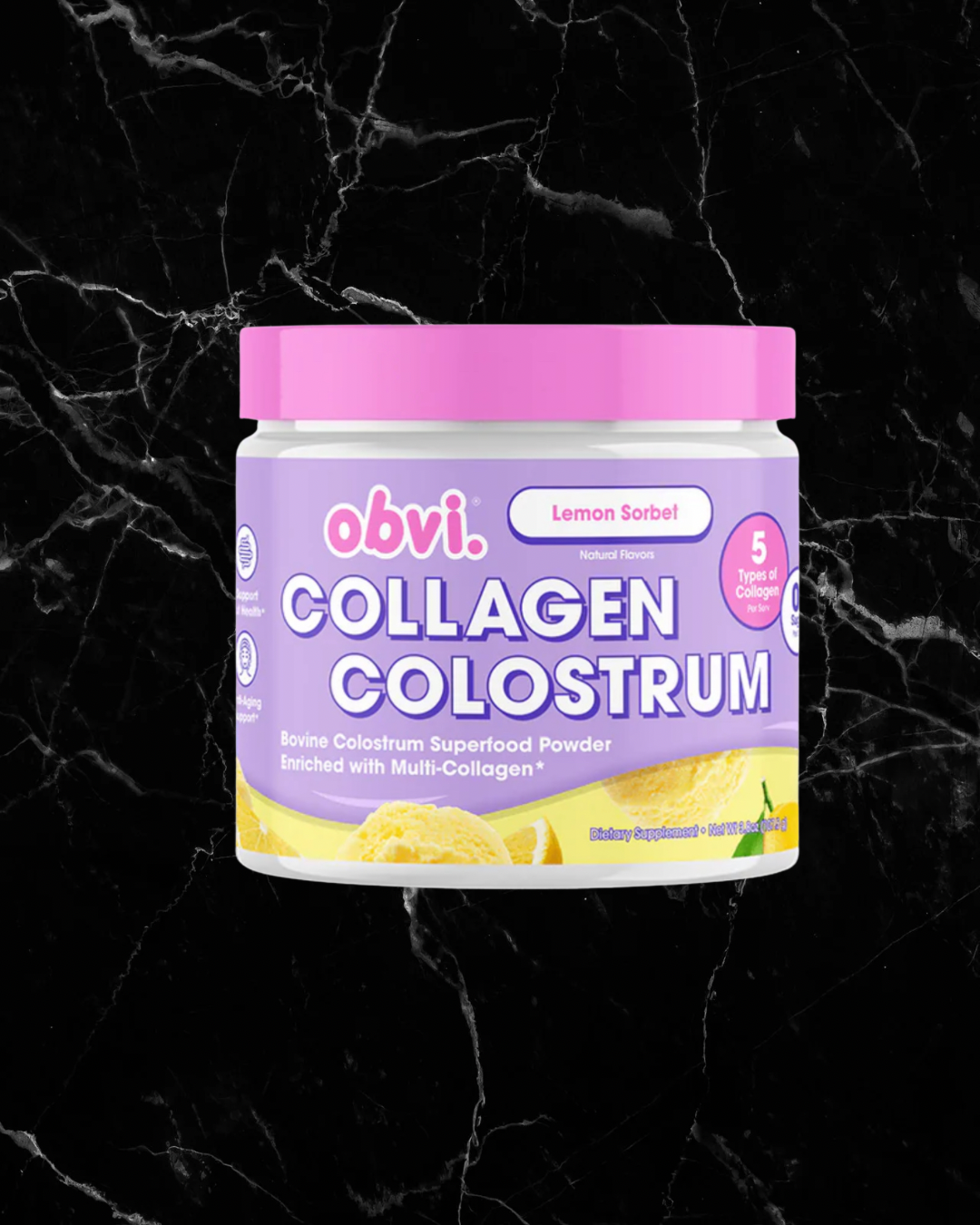 Obvi Colostrum - Lemon Sorbet supplement jar with pink lid, featuring collagen and colostrum blend for immunity and skin health support.
