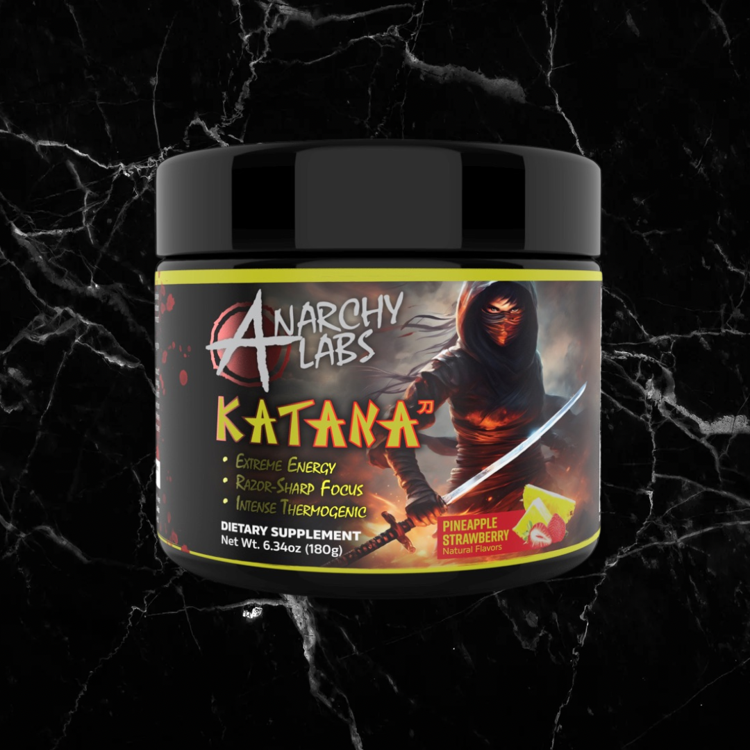 Katana EXTREME Thermo Pineapple Strawberry by Anarchy Labs offers intense energy and calorie burning with a bold ninja-themed label design.