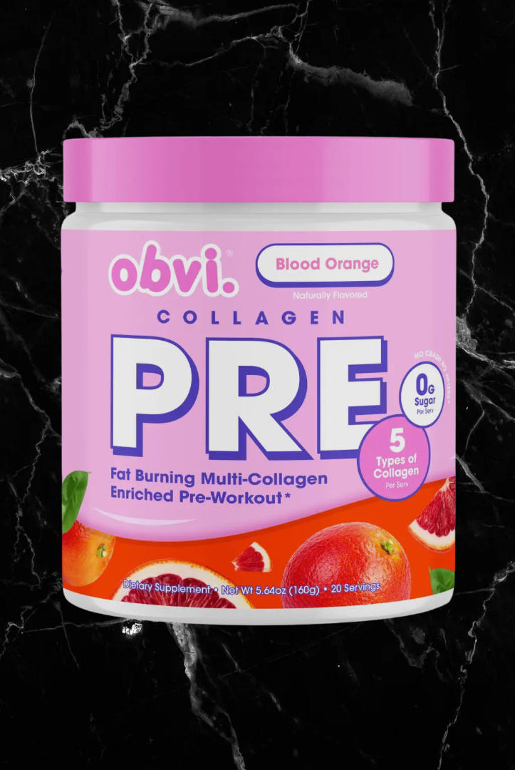 Obvi Collagen Preworkout Blood Orange in a pink-labeled container, featuring 5 collagen types for energy, endurance, and recovery support.