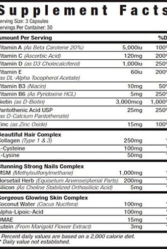 Supplement facts label for MuscleSport Hair Skin Nails showing vitamins, collagen, MSM, and biotin content for skin, hair, and nail health.