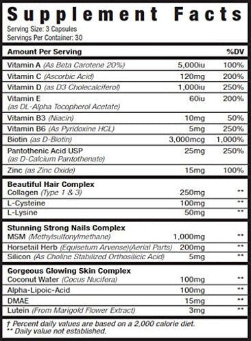 Supplement facts label for MuscleSport Hair Skin Nails showing vitamins, collagen, MSM, and biotin content for skin, hair, and nail health.