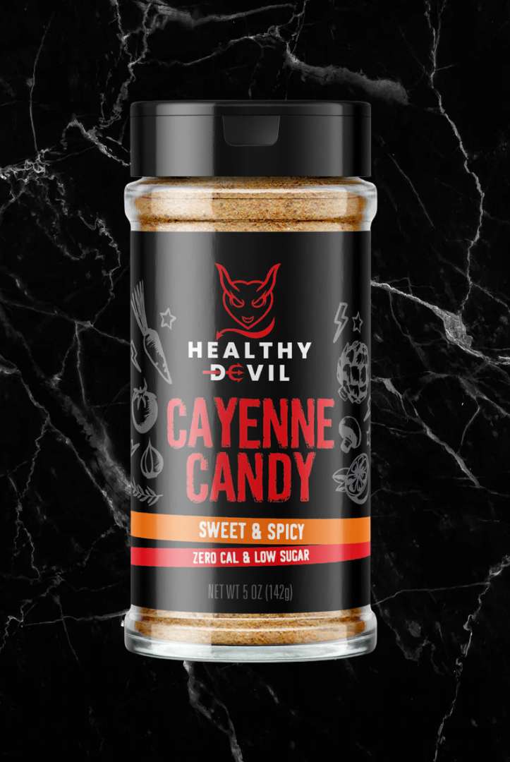 Cayenne Candy - Spicy Seasoning Mix by Healthy Devil in a 5 oz bottle, featuring a sweet and spicy blend for guilt-free flavor enhancement.
