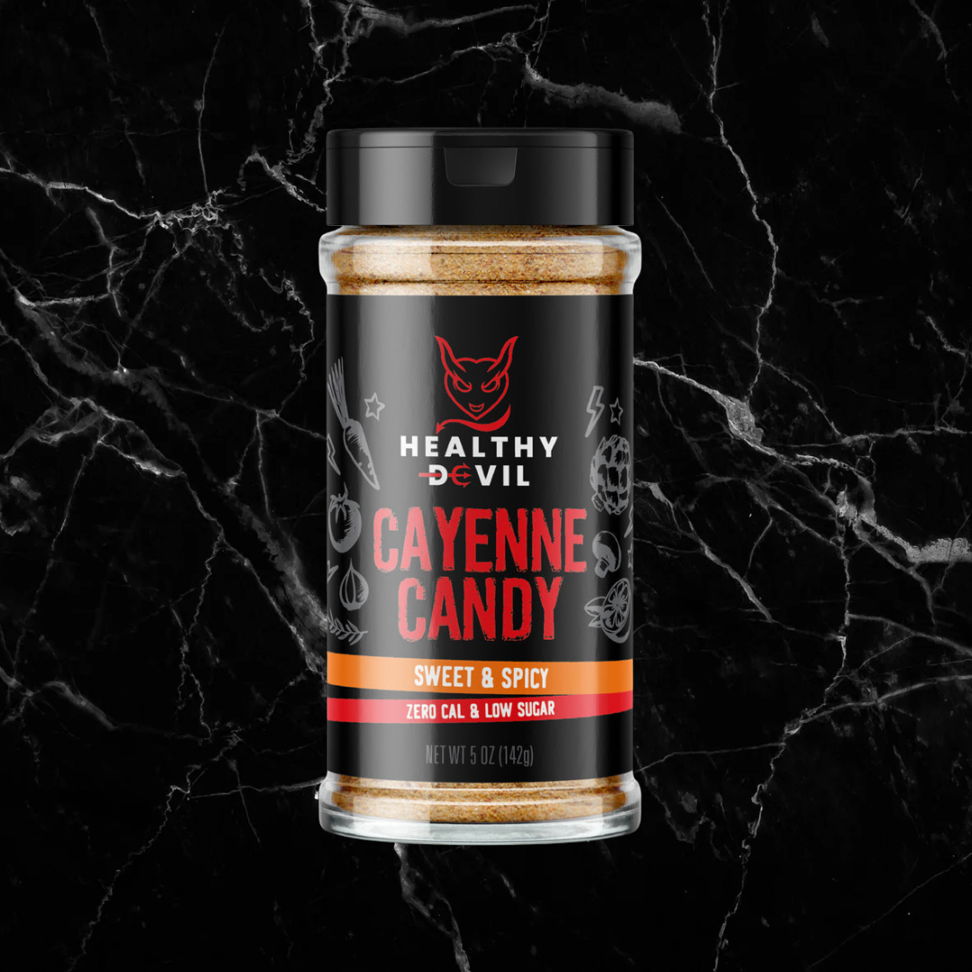Cayenne Candy - Spicy Seasoning Mix by Healthy Devil in a 5 oz bottle, featuring a sweet and spicy blend for guilt-free flavor enhancement.