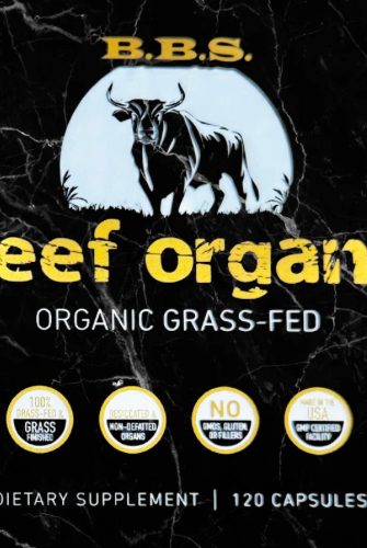 Label of Grass-Fed Beef Organs - Organ Supplement | Nutrient Power, highlighting non-GMO, gluten-free, and USA-made beef organ capsules.