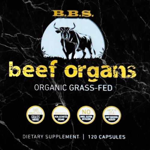 Label of Grass-Fed Beef Organs - Organ Supplement | Nutrient Power, highlighting non-GMO, gluten-free, and USA-made beef organ capsules.